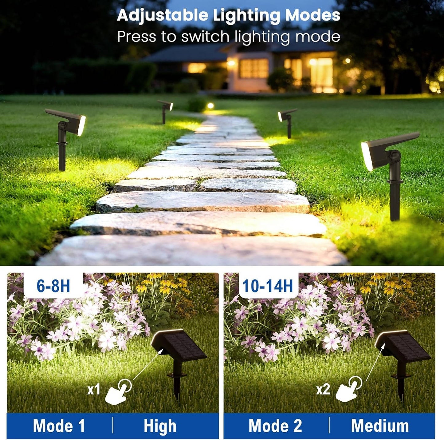 Solar Spot Lights Outdoor, 4 Pack IP65 Water-resistant Garden Spotlights with 2 Lighting Modes and Auto On/Off for Yard and Landscape