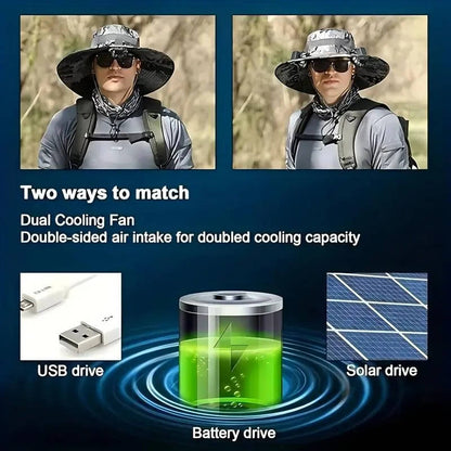 Outdoor Wide Brim Sun Hat with 2 Solar Fans, UV Protection for Men and Women, Cooling Hat for Camping and Hiking