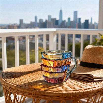 Book Stack Glass Mug with Colorful Translucent Panels and Fused Handle