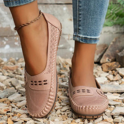 Womens Perforated Slip On Loafers with Flat Sole Support and Breathable Design