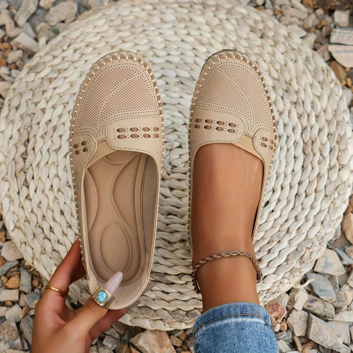 Womens Perforated Slip On Loafers with Flat Sole Support and Breathable Design